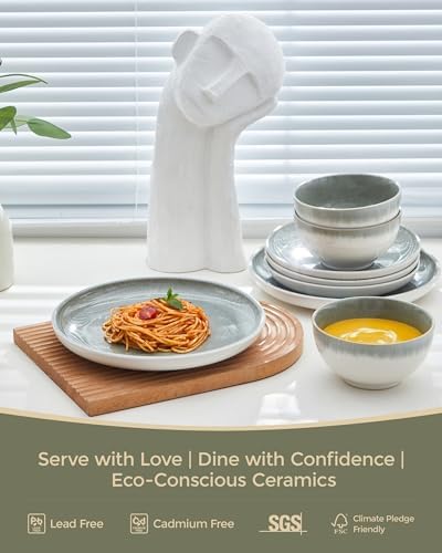 Pokini Stoneware Dinnerware Sets for 6, 18pcs Plates and Bowls Sets Dishes