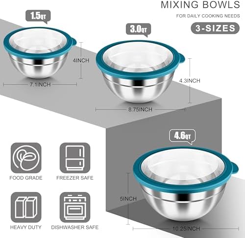 HaWare Mixing Bowls with Airtight Clear Lids, 6-Piece Stainless Steel Strong Nesting Bowls Set, Metal Salad Bowl for Cooking, Prepping, Baking, Serving & Food Storage, Size 4.6, 3, 1.5QT, Teal Blue
