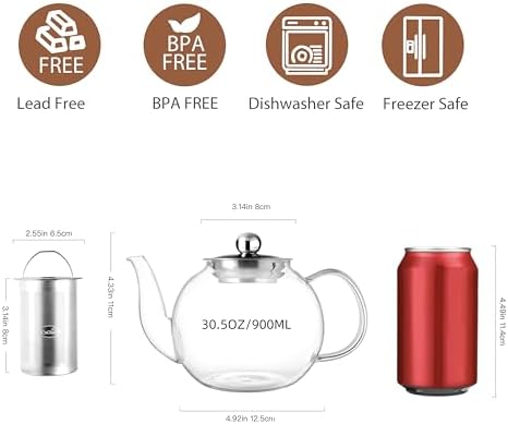 CNGLASS 900ml Glass Teapot with Removable Infuser,Clear Tea Kettle Stovetop Safe,Blooming and Loose Leaf Tea Maker