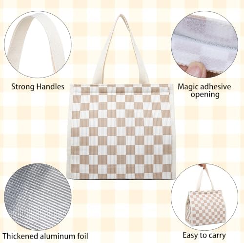 Insulated Lunch Bag for Work, 10.2"x5.9"x10.2" Oxford Waterproof Lunch Tote, Thermal Lunch Box for Office, Picnic & Outdoor, Striped Canvas Tote Bag -Check Brown