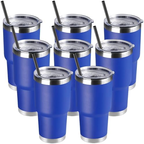 DOMICARE 30oz Tumbler Bulk with Lid and Straw, Double Wall Travel Coffee Mug, Insulated Vacuum Stainless Steel Tumblers, Powder Coated Tumbler Cup (Dark Blue, 8)