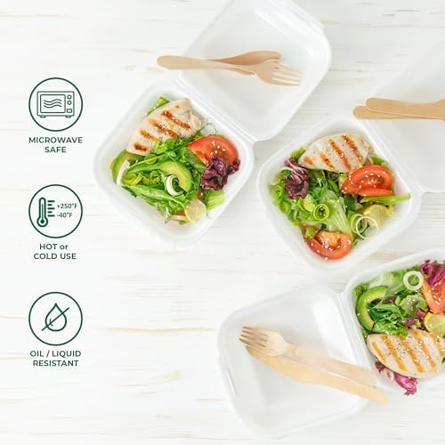 Freshware Clamshell Food Containers with Lids [6x6 50-Pack] Disposable To Go Containers, Biodegradable Sugarcane To Go Boxes - Paper Container - Microwave & Freezer Safe, Stackable