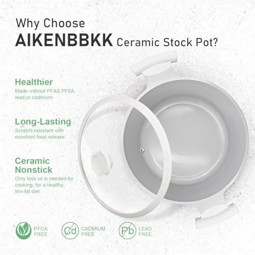 AIKENBBKK 5 Quart Stock Pot with Lid, Non Stick Cooking Pot, Ceramic Soup Pot Nonstick, White