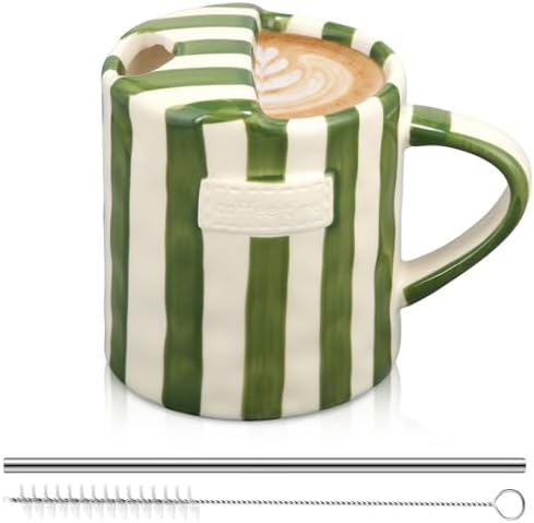 1 Pack Ceramic Coffee Mug with Sip Hole, Handle, Green