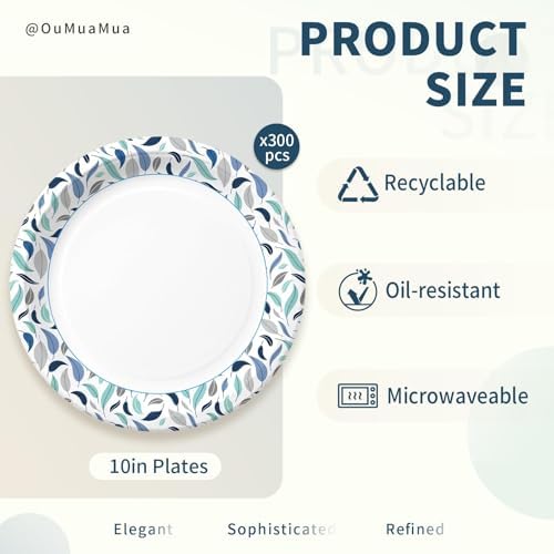OuMuaMua 10 Inch Paper Plates, 300 Count Disposable Paper Plates