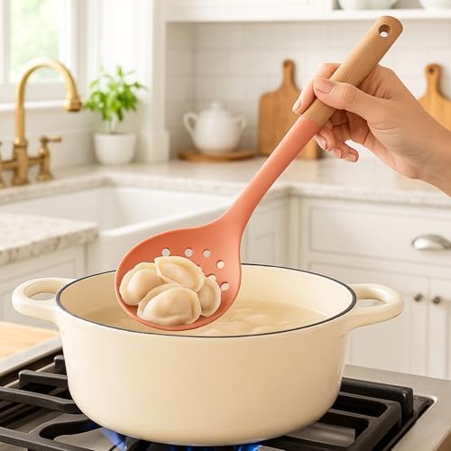 Beille 1pc Skimmer Spoon Beech Wood and Silicone Kitchen Utensils Meal Prep Cooking Baking Supplies Home Essentials, Coral