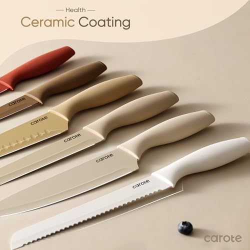 CAROTE Knife Set, 12 Pieces Kitchen Knife Set, 6 Stainless Steel Knives with Blade Guards & Nonstick Ceramic Coating, Rustproof, Color-Coded, Ergonomic Handles (Pack of 2)