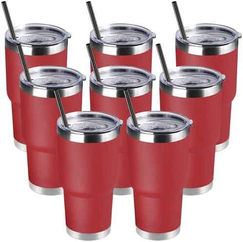DOMICARE 30oz Tumbler Bulk with Lid and Straw, Double Wall Travel Coffee Mug, Insulated Vacuum Stainless Steel Tumblers, Powder Coated Tumbler Cup (Red, 8)