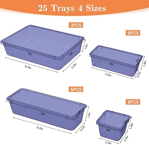 SpaceHacks 25 PCS Plastic Drawer Organizer, 4-Size Versatile Organizer Trays & storage Bins
