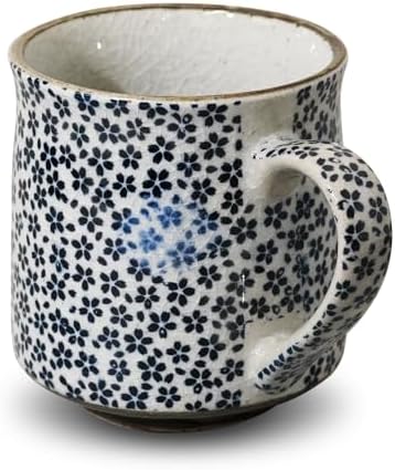 Nostalgic Mino Ware Ceramic Sometsuke Small Mug Cup - Japanese Crafted, Floral Pattern, Comfort Grip Handle, For Coffee and Green Tea or Soup, Matcha Tea, Gift Box Included (Mountain Cherry)