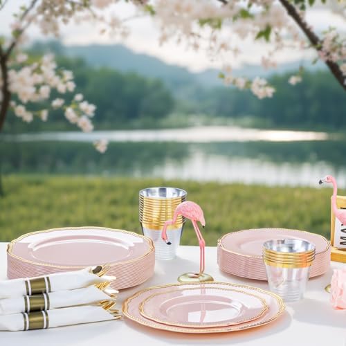 Hioasis 175 Pcs Pink and Gold Plastic Plates Wedding & Party