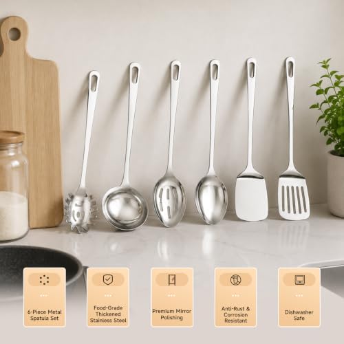6PCS Stainless Steel Cooking Utensils, Kitchen Metal Spatula Set