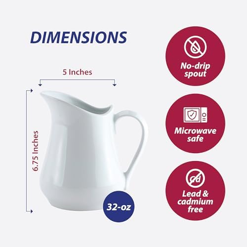 HIC Kitchen Creamer Pitcher With Handle, Fine Porcelain, 32-Ounce Capacity, For Coffee, Tea, Dressings, Gravies, Sauces