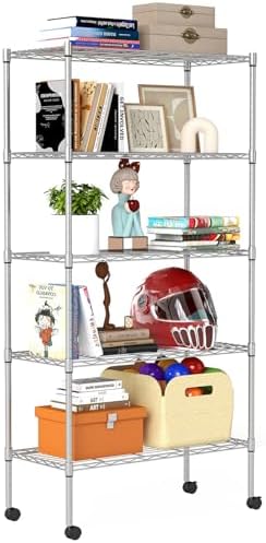 BestOffice | 5-Tier Wire Storage Shelves with Wheels | 14 x 30 x 61 | Chrome | with Adjustable Racks | Heavy-Duty Metal Shelf, Holds Upto 1250 lbs | No-Tool Assembly | Ideal for Home & Garage Shelving