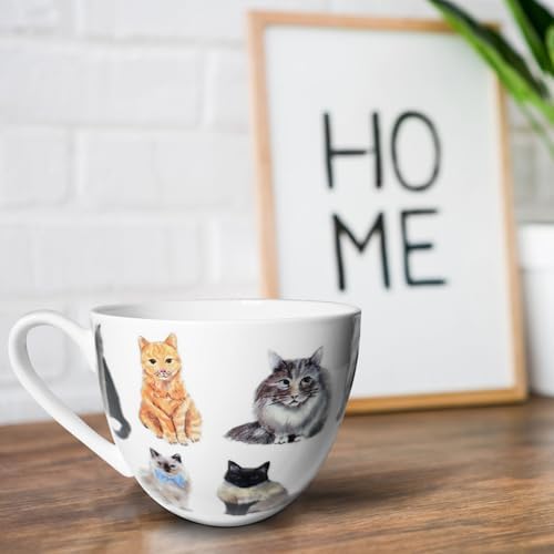 Cute Cat Mugs for Daily Coffee and Tea, Premium 20 oz Bone China Coffee Tea Hug Mug, Perfect Holiday, Birthday, and Christmas Gift for Cat Lovers, Designed in England by Harvest Green Studio