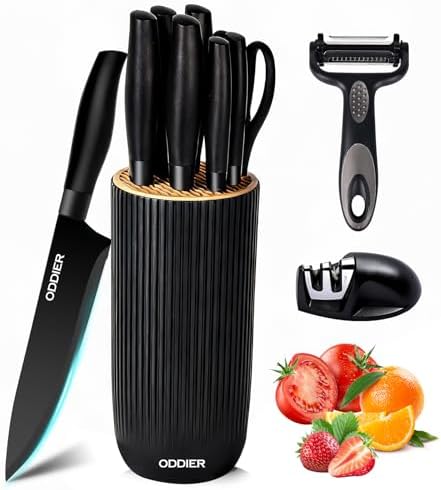 Knife Set, 10 Piece Kitchen Knife Set with Block and Sharpener, Anti-Rust Stainless Steel Knives Set for Kitchen, Chef Universal Knife Block Set, Dishwasher Safe, Ergonomical Design, Black