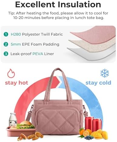 BAGSMART Lunch Bag Women Large Lunch Box Insulated Tote Bag with Multi-Pockets Quilted Puffy Tote for Work, Outdoors