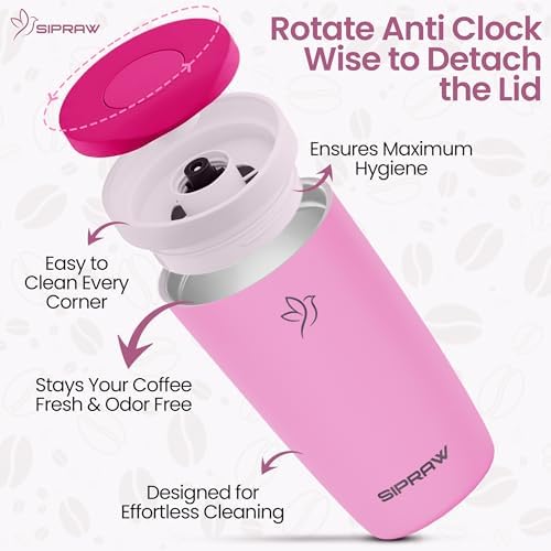 12oz Travel Coffee Mug with Lid | Insulated Stainless Steel Tumbler for Hot & Cold Drinks | Leakproof, Reusable, BPA Free, Dishwasher Safe, Cup Holder Friendly, Pink
