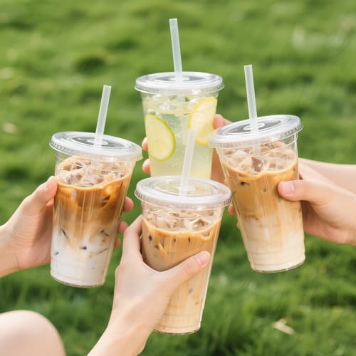 Ginkgo 32 oz Clear Plastic Cups with Lids and Jumbo Straws