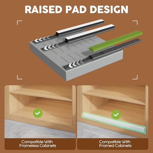 Seinloes 2 Pack Expandable Pull Out Cabinet Organizer 21" Deep with Raising Pad for Framed Cabinets,Upgrade 3 Slide Rails Slide Out Drawers,Roll Out Shelves Adhesive,Adjustable Width 9"-14.1" Silver