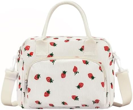 Lunch Bag Women Lunch Box for Women Adult Cute Insulated Lunch Bag Lager Cooler Lunch Tote Bags for Work Picnic (Beige-Strawberry)