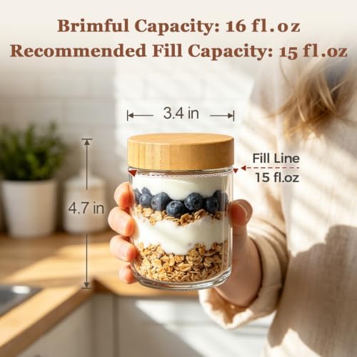 ComSaf Overnight Oats Containers with Lids 16 oz, Small Glass Jars 4 Pack