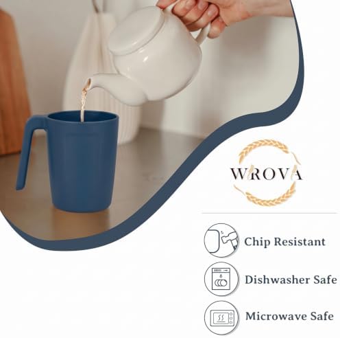 Wrova 16oz Wheat Straw Cups with handles set of 6-Plastic Cups Reusable-Unbreakable Kids Mugs-Dishwasher Safe & Microwave Safe-Ideal Plastic Mugs for Tea,Coffee,Camping,RV-Navy Blue
