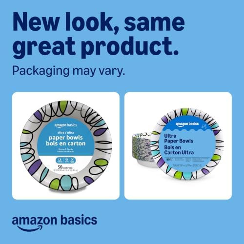Amazon Basics Ultra Disposable Paper Bowls, 20 Oz, Microwave Safe, Soak Proof, Strong & Sturdy, White, 50 Count, Packaging May Vary