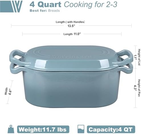 VORRINGARD Oval Dutch Oven Pot with Lid, Enamel Coating Cast Iron Bread Pans for Homemade Sourdough Bread Baking, Cooking, 4 Quart, Sea Salt