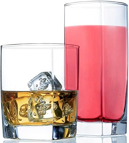 Everyday Drinking Glasses Set of 8 Drinkware Kitchen Glasses for Cocktail, Iced Coffee, Beer, Ice Tea, Wine, Whiskey, Water, 4 Tall Highball Glass Cups & 4 Short Old Fashioned Drinking Glass