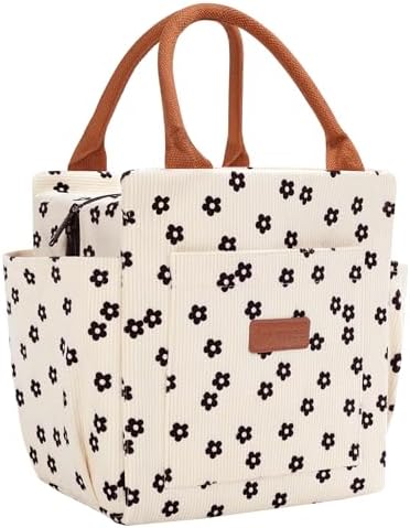 Joymee Lunch Bag Women Insulated Corduroy Reusable - Black Floral