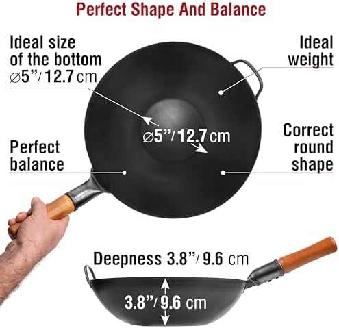 YOSUKATA Carbon Steel Wok Pan 13,5 “ + Lid 12.8 In for 13.5-In Wok + 17’’ Spatula and Ladle
