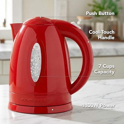 OVENTE 1.7L Electric Tea Kettle, 1100W BPA-Free Water Boiler, Red KP72R
