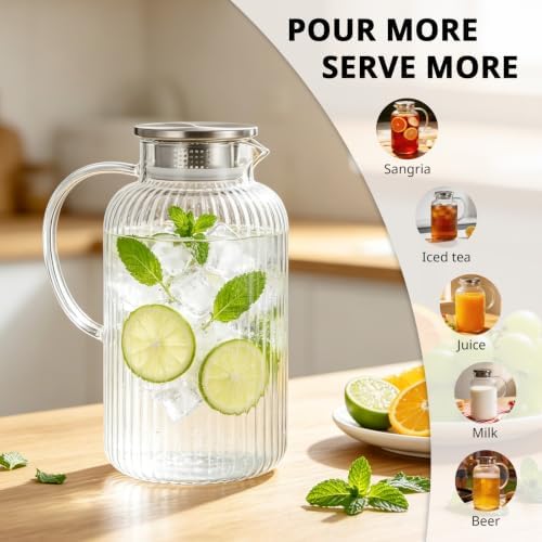 Bivvclaz 2.6 Liter 88 oz Stripes Glass Pitcher with Lid and Handle