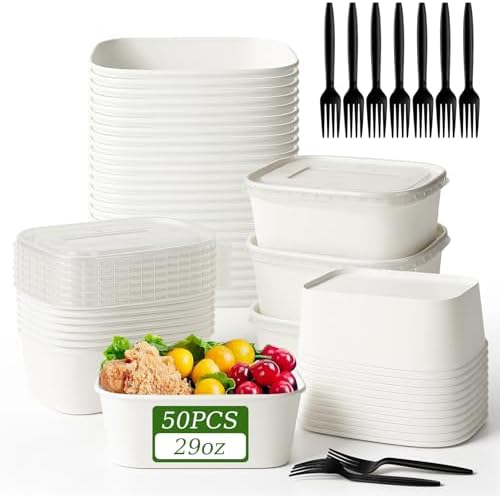 DI QIU REN 50-Pack 29oz Disposable Meal Prep Containers with Lids & Forks, Kraft Paper Bowls To Go Take Out Food Containers with Lids, Microwave & Freezer Safe (White Kraft Paper, 29oz 50 Count)