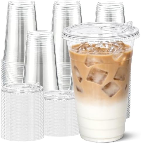 Ginkgo 100 Pack 24 oz Clear Plastic Cups with Strawless Sip Lids