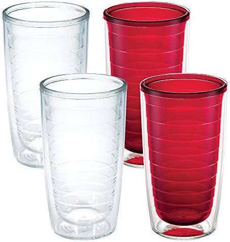 Tervis Clear & Colorful Tabletop Made in USA Double Walled Insulated Tumbler Travel Cup Keeps Drinks Cold & Hot, 16oz - 4pk, Clear and Red