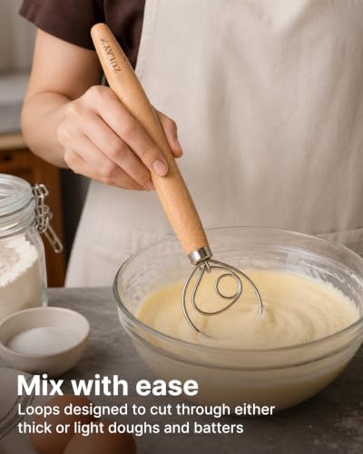 Zulay Kitchen 13-Inch Danish Dough Whisk - Stainless Steel Wooden Whisk with Dough Hook - Sourdough Whisk for Bread, Pizza, Pastry, Cake Batter & More - Wood