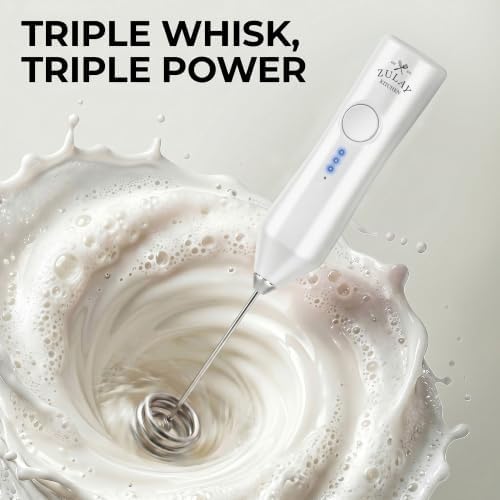 Zulay Kitchen Rechargeable Milk Frother Handheld - Frother Wand, Drink Mixer, Electric Whisk Frother, for Cappuccinos, Matcha & Protein Powder - Dynamic Triple Whisk, 3 Speed 500mAh White