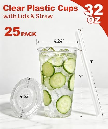 Ginkgo 32 oz Clear Plastic To Go Cups with Lids and Straws
