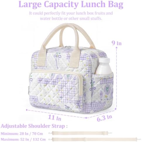 WOBAGMEN Quilted Lunch Box for Women,Large Floral Insulated Lunch Bag with Multiple Pockets,Adjustable Strap,Reusable Lunch Tote Box for Work Picnic Travel (Purple Bow Floral pin, M)