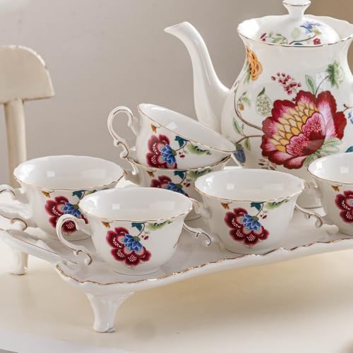 Ceramic Tea Cups Coffee Cup and Saucers Set of 4 (Blue and Red)