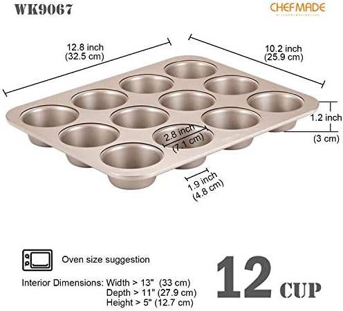 CHEFMADE Muffin Cake Pan, 12-Cavity Non-Stick Cupcake Pan Bakeware for Oven Baking (Champagne Gold)