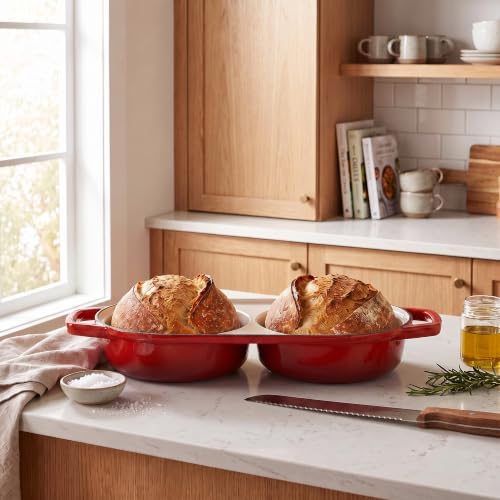 EDGING CASTING Enameled Cast Iron Double Bread Dutch Oven, Red