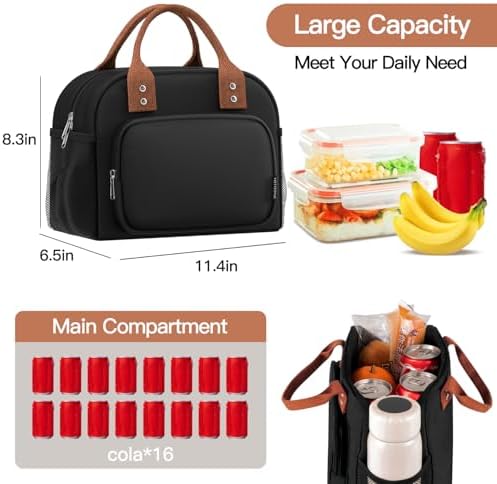 Lunch Bag for Women, Insulated Lunch Box for Women Men Work Adult, Cute Lunch Tote Large Capacity Reusable Cooler Containers for Picnic Travel Office or Beach (Black)