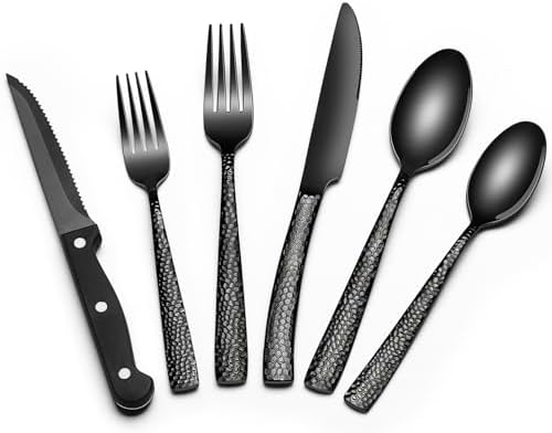 EWFEN 24-Piece Black Silverware Set with Steak Knives, Black Flatware Set for 4, Food-Grade Stainless Steel Tableware Cutlery Set, Mirror Finished Utensil Sets for Home Restaurant, Wave Hammered