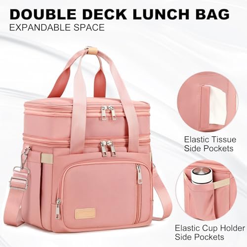 MAPLELILY Lunch Box for Men Women - Double Deck Insulated Lunch Bag, Large Leak Proof Tote Cooler, Wide Open Dual Compartment Lunch Bags with Shoulder Strap, For Work Picnic Hiking Beach, Pink