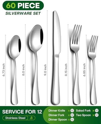 PHILIPALA 60 Piece Silverware Set, Stainless Steel Flatware Set for 12 Food Grade Novelty Flatware Cutlery Utensil Set Include Knife Fork Spoon Mirror Polished Dishwasher Safe