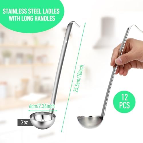 12 Pieces Stainless Steel Soup Ladle Sturdy Soup Ladle with Long Handles Portion Control Serving Spoons for Cooking Soup Sauce Kitchen Home(2 oz)