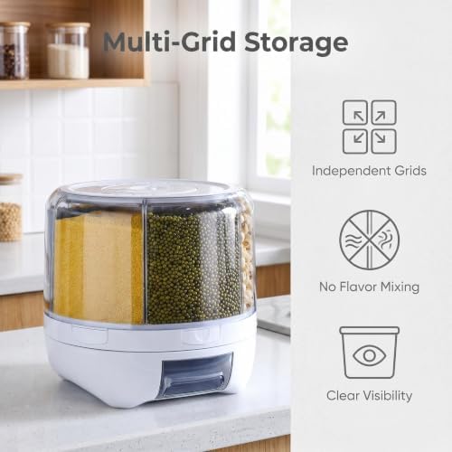 XIYAO 20Lbs Grain dispenser 360°Rotating Rice Dispenser 6 Grids Transparent Rotatable Cereal Storage Container with Sealed lid for Dry Food Beans Peanut Barley Millet Seeds